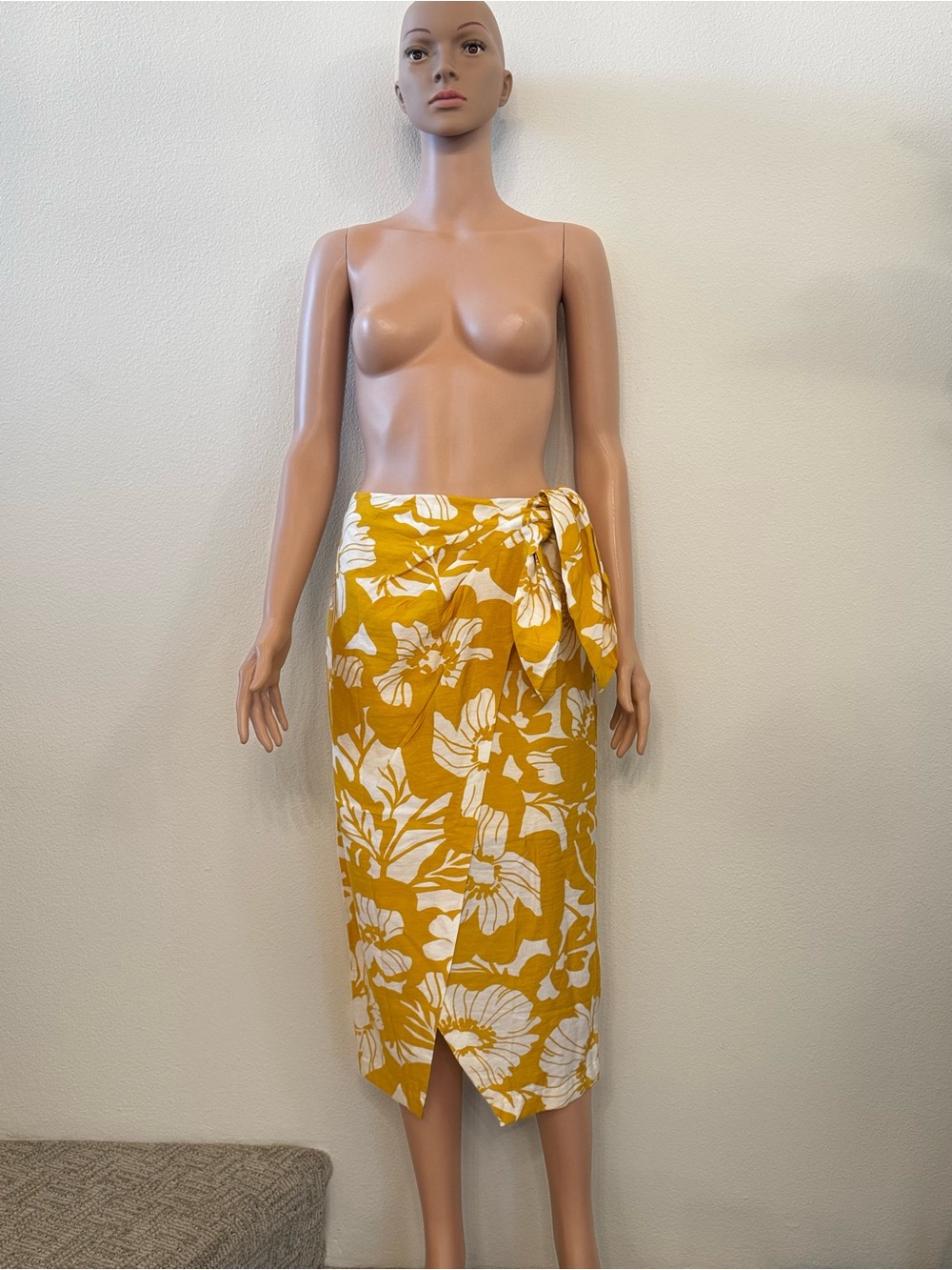 Banana Republic Yellow Floral Midi Faux Wrap Skirt